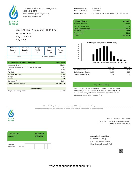 UAE Al Fanar Gas Group business utility bill template in Word and PDF formats